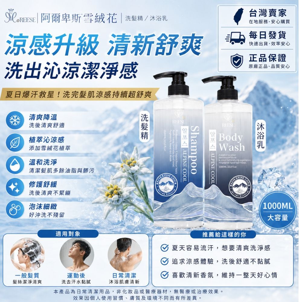 夏天必備REESE 阿爾卑斯 沁涼洗髮精/沐浴乳1000ml-細節圖3