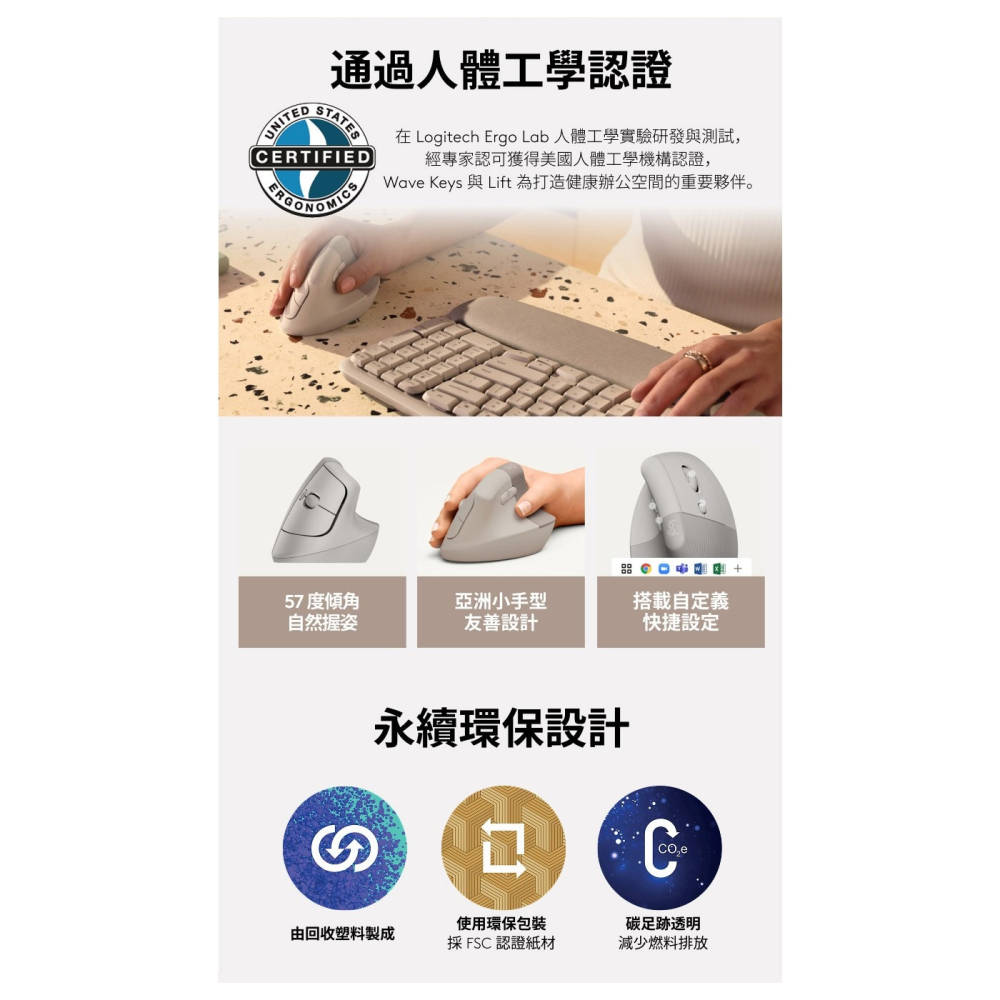 好市多代購 #160085 羅技 LIFT 人體工學垂直滑鼠 迷霧灰-細節圖3