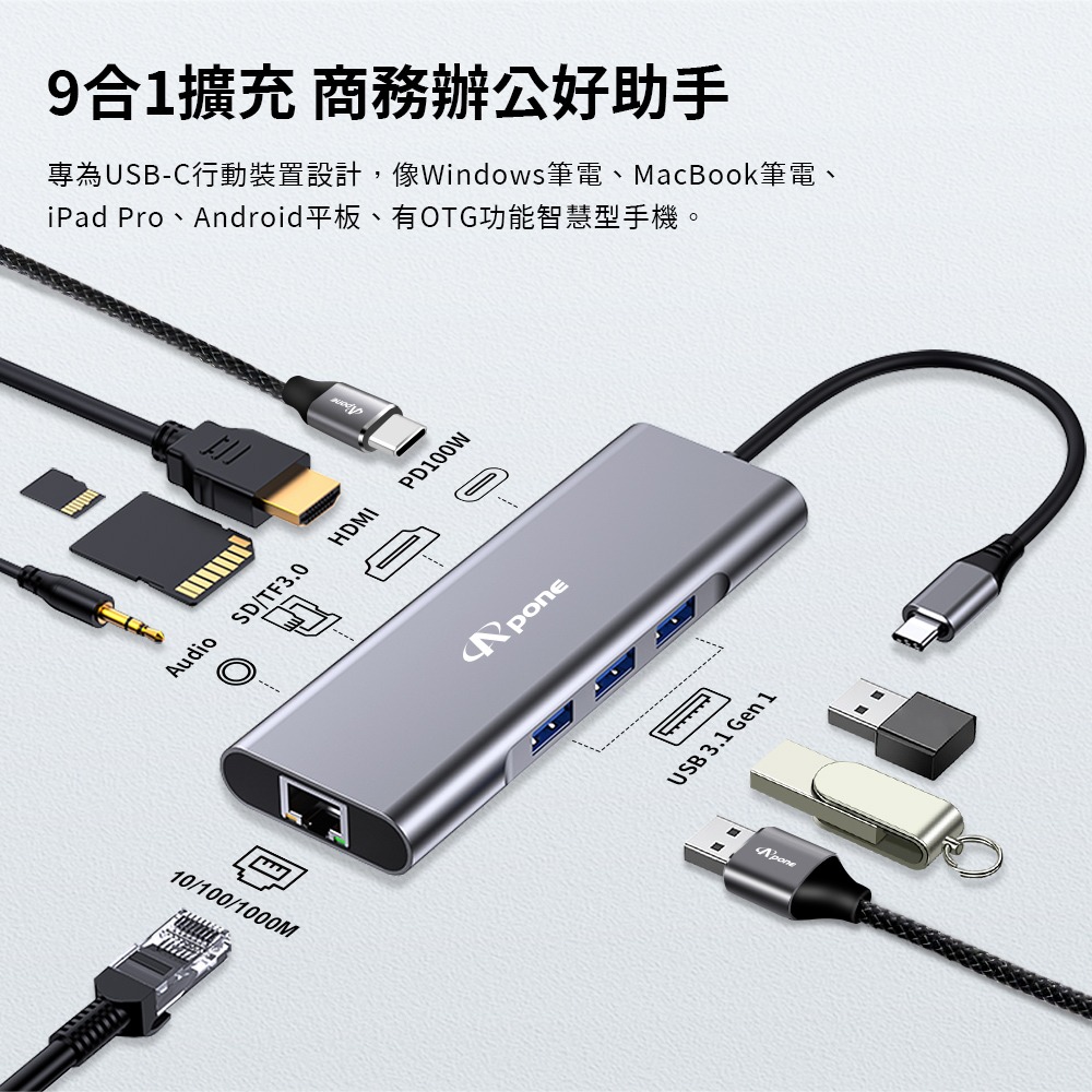 Apone USB-C 九合一 Hub 轉接器 | 4K HDMI 協會認證 讀卡機 M1 千兆 PD OTG iPad-細節圖2