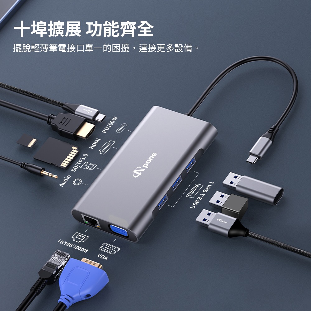 Apone USB-C 十合一 Hub 轉接器 | 4K HDMI 協會 認證 讀卡機 M1 PD 100W VGA-細節圖2