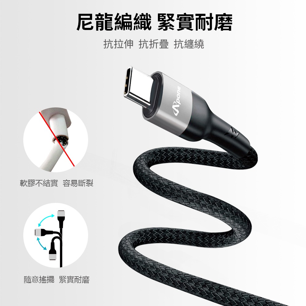 Apone Type-C to Type-C PD 60W 快充 充電線 傳輸線 2M | 安卓 蘋果 適用 iPad-細節圖3