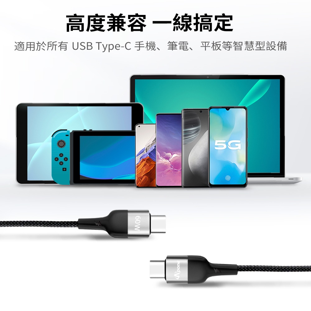 Apone Type-C to Type-C PD 60W 快充 充電線 傳輸線 2M | 安卓 蘋果 適用 iPad-細節圖5