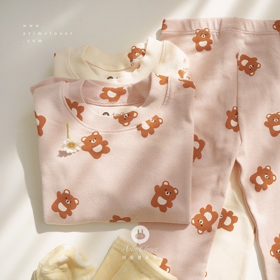 Arimcloset-Cream, rose pink bear cotton baby homewear set-細節圖2