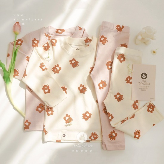 Arimcloset-Cream, rose pink bear cotton baby homewear set-細節圖4
