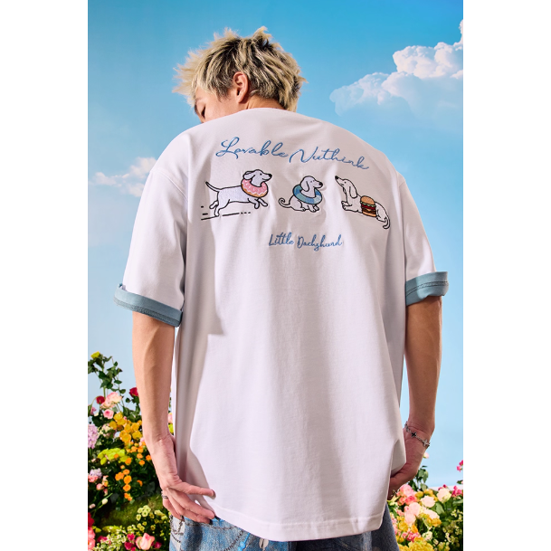 《4AM寅選》 Nuthink 臘腸狗潮流棉T 純棉 美式 春夏 男女 落肩 刺繡 圓領 寬鬆 舒適親膚-細節圖5