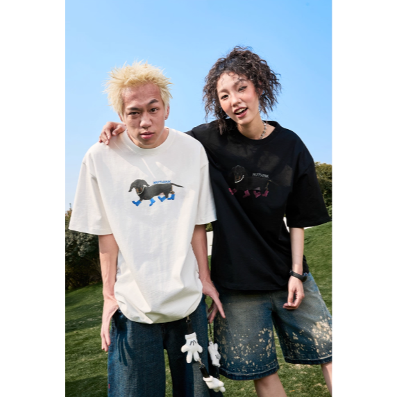 《4AM寅選》 Nuthink 臘腸狗潮流棉T 純棉 美式 春夏 男女 落肩 刺繡 圓領 寬鬆 舒適親膚-細節圖9