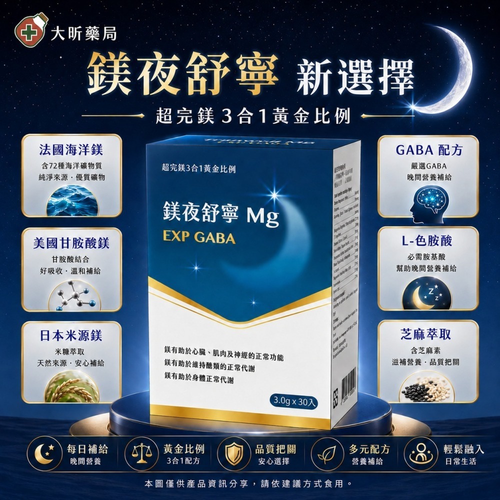 【藥局直營】鎂夜舒寧 3g*30包/盒 細粉粒 |甘胺酸鎂|海洋鎂|米源鎂|GABA|茶胺酸|色胺酸|維生素B6-細節圖2