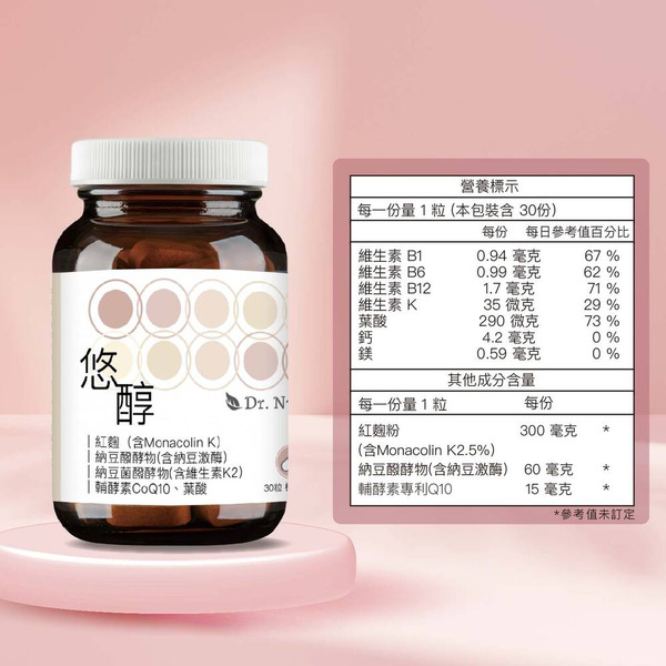 【藥局直營】Dr.Nutri芯漾生醫 【通の悠醇】八合一配方｜紅麴+Q10+納豆激酶+葉酸(30粒｜玻璃罐）大昕藥局-細節圖9