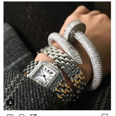 孫芸芸 何超蓮同款Cartier PANTHÈRE DE CARTIER卡地亞全新銀色美洲豹雙圈鑽石💎腕錶 手錶 石英機