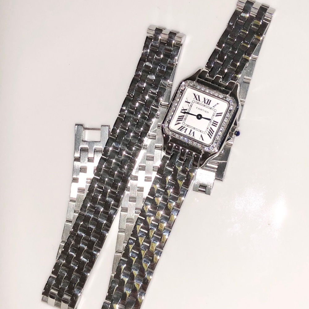 孫芸芸 何超蓮同款Cartier PANTHÈRE DE CARTIER卡地亞全新銀色美洲豹雙圈鑽石💎腕錶 手錶 石英機-細節圖8