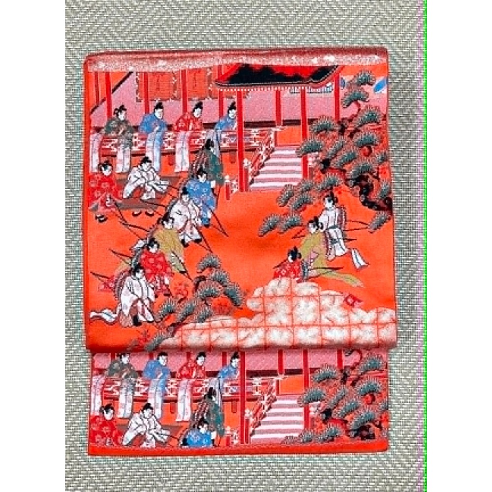 N202606A001  [新品袋帶] 橘色六通袋帶．唐織．平安人物風景柄．金糸．正絹．逸品．長422 幅30-細節圖2
