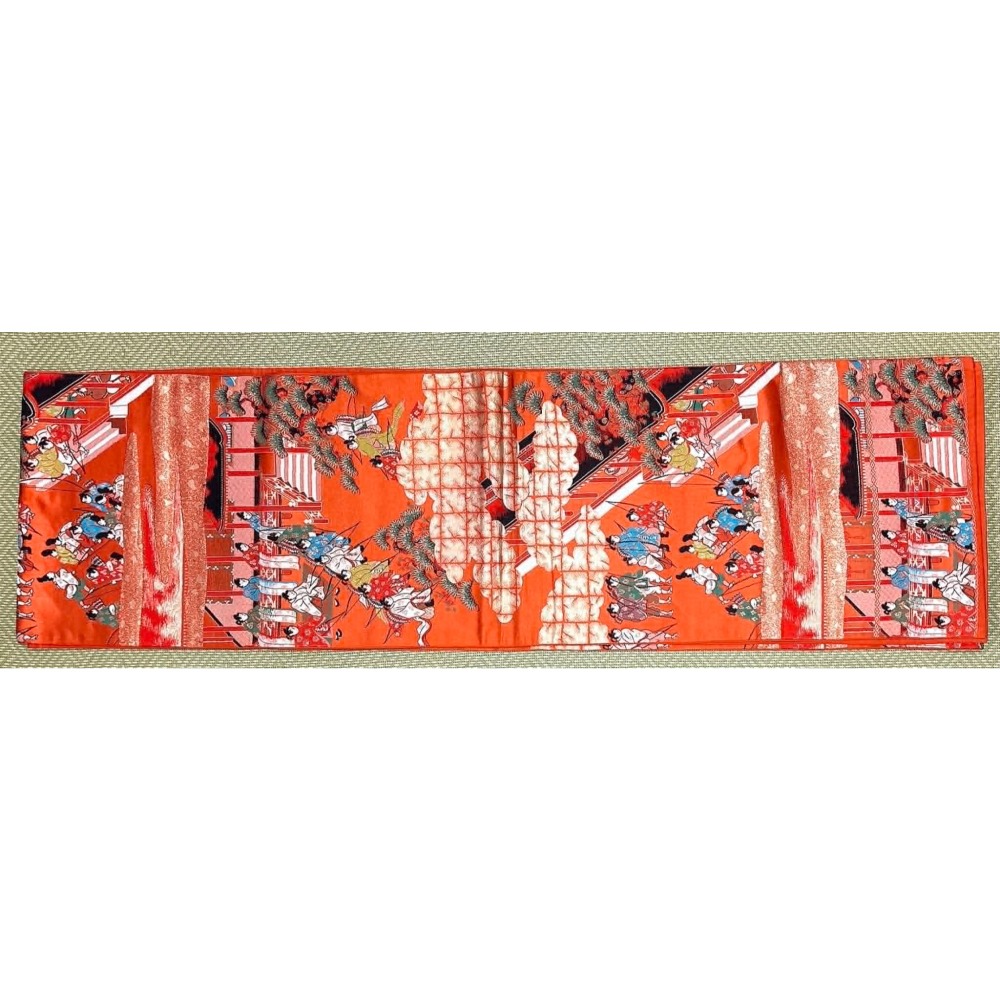 N202606A001  [新品袋帶] 橘色六通袋帶．唐織．平安人物風景柄．金糸．正絹．逸品．長422 幅30-細節圖3