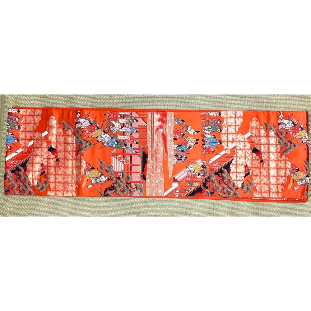 N202606A001  [新品袋帶] 橘色六通袋帶．唐織．平安人物風景柄．金糸．正絹．逸品．長422 幅30-細節圖4