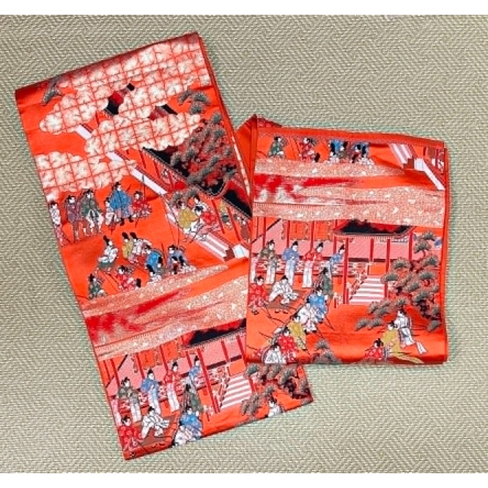 N202606A001  [新品袋帶] 橘色六通袋帶．唐織．平安人物風景柄．金糸．正絹．逸品．長422 幅30-細節圖5