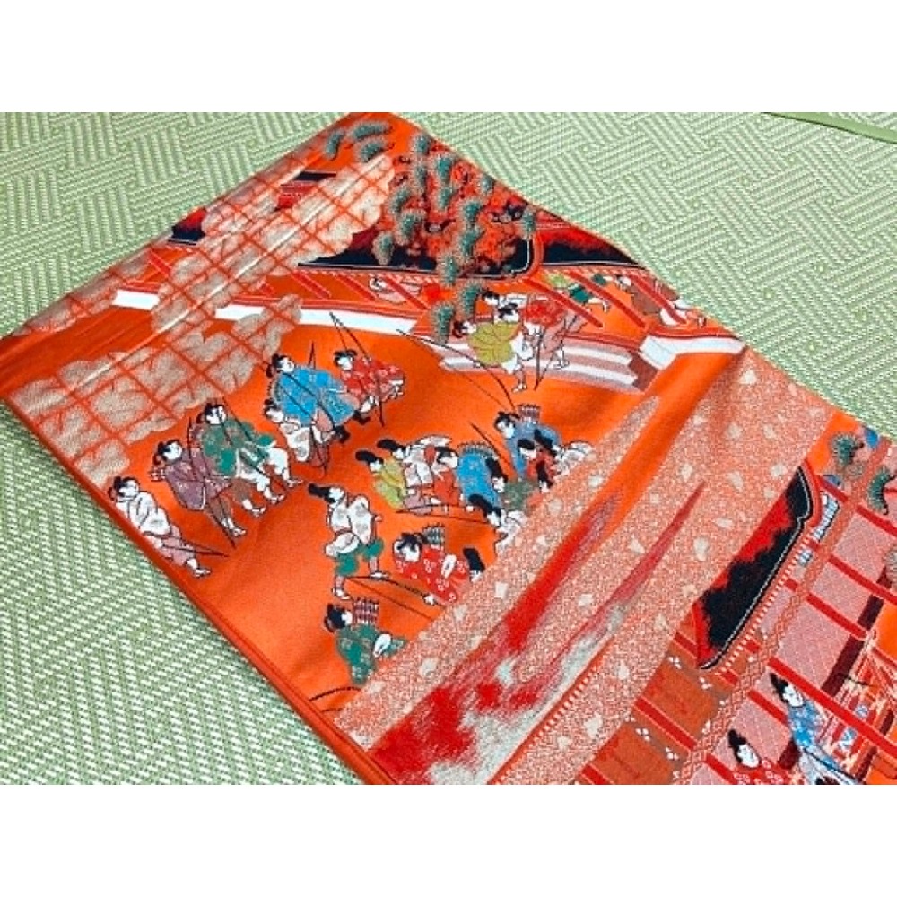 N202606A001  [新品袋帶] 橘色六通袋帶．唐織．平安人物風景柄．金糸．正絹．逸品．長422 幅30-細節圖6