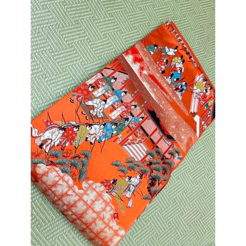 N202606A001  [新品袋帶] 橘色六通袋帶．唐織．平安人物風景柄．金糸．正絹．逸品．長422 幅30-細節圖7