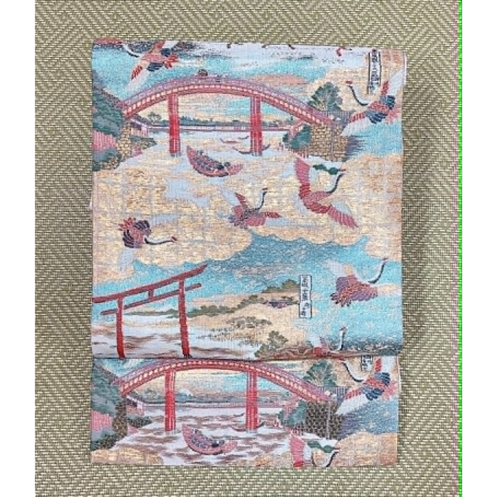 N202606A003  [中古全通袋帶] 全通袋帶．東海道五拾三次全景圖．筠．金糸．金彩．正絹．太鼓柄-細節圖2