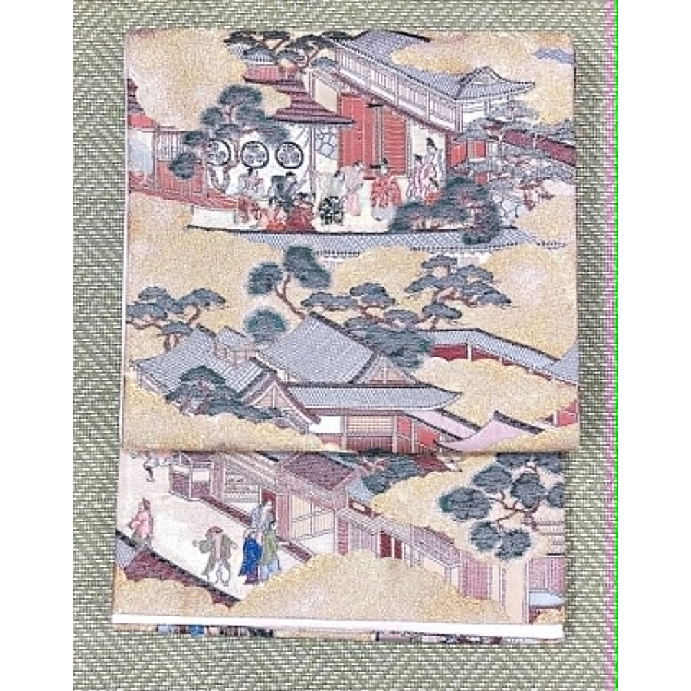 N202606A004  [中古全通袋帶] 全通袋帶．人物風景柄．六角堂風周邊．祗園會渡街．有橫幅腹部正前方-細節圖2