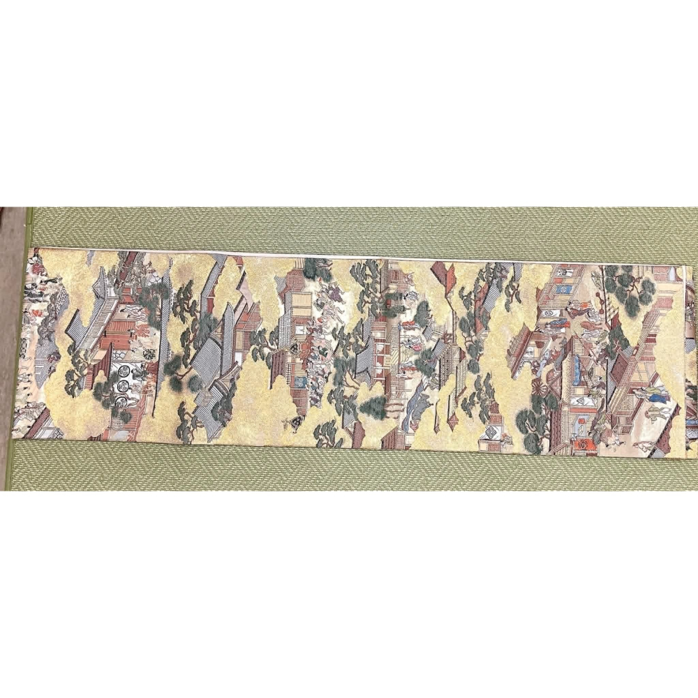 N202606A004  [中古全通袋帶] 全通袋帶．人物風景柄．六角堂風周邊．祗園會渡街．有橫幅腹部正前方-細節圖4