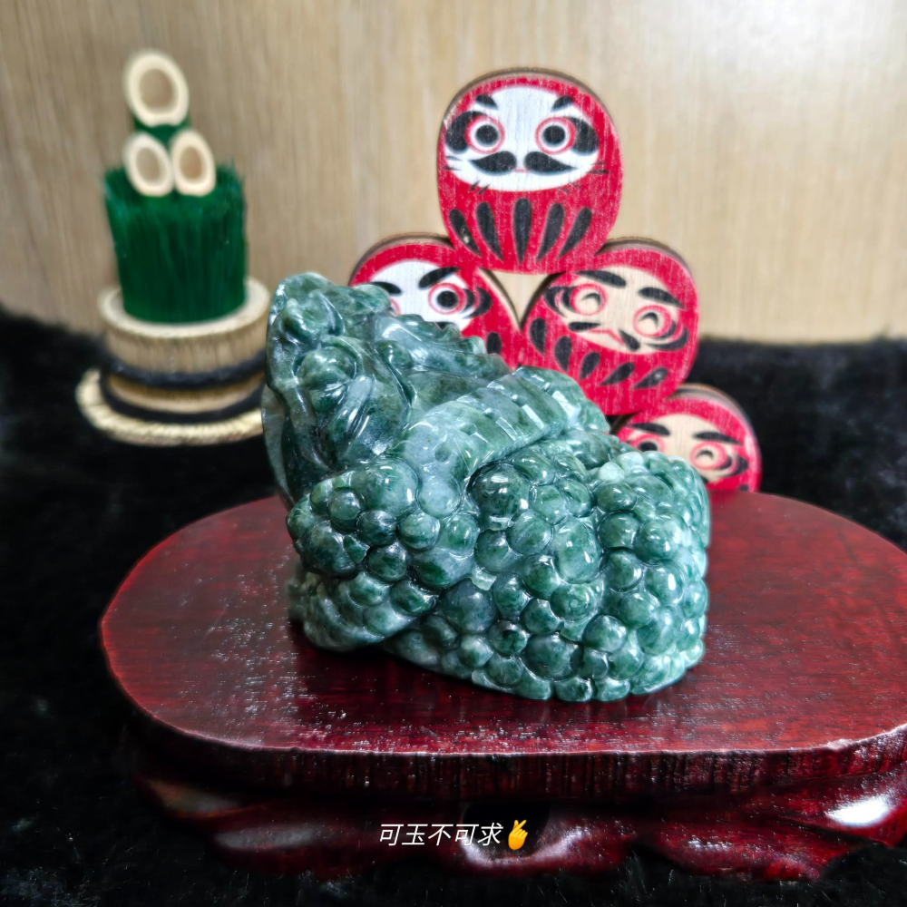 天然 玉石 A貨 翡翠 立體 雕刻 綠花 三腳 金蟾 擺件 紙鎮 生日 新年 交換 父親節 禮物 收藏 擺飾 D0025-細節圖6