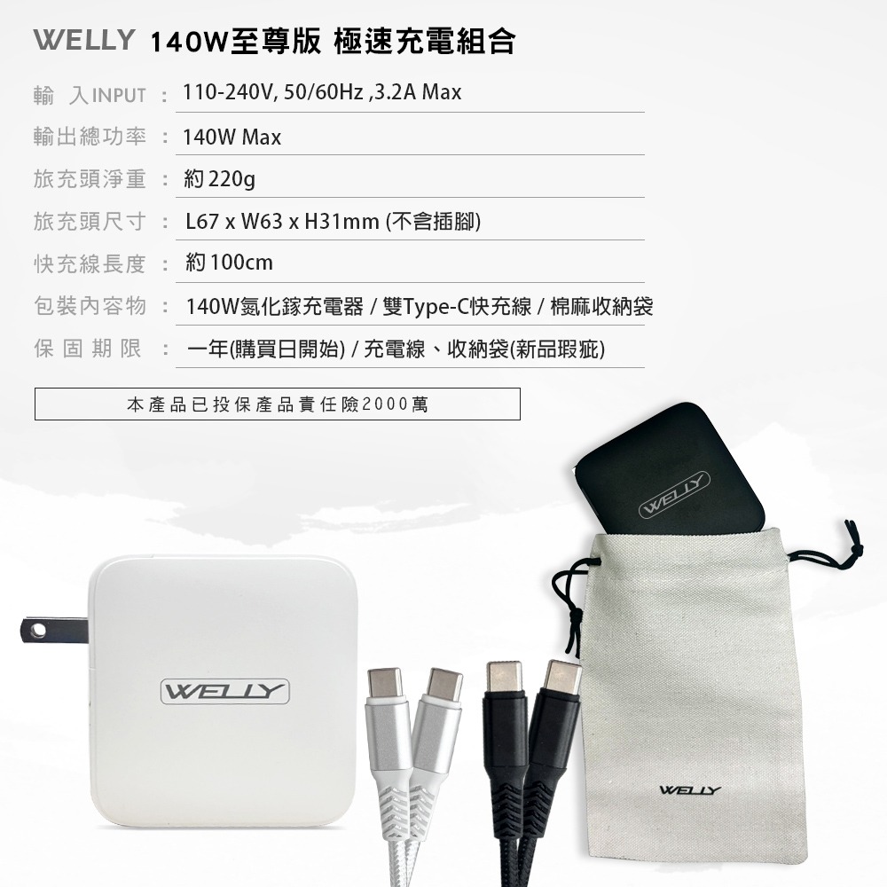 威力家 WELLY 140W氮化鎵GaN 至尊版 四孔輸出極速充電組合包(充電頭+充電線) 附收納袋-細節圖9