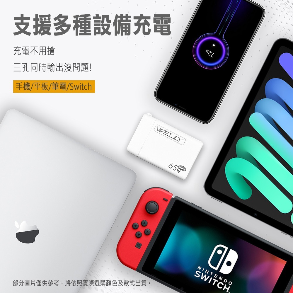 威力家 WELLY 65W氮化鎵GaN快充 PD+QC+PPS全兼容 USB-C/A三孔輸出 極速充電器-細節圖5