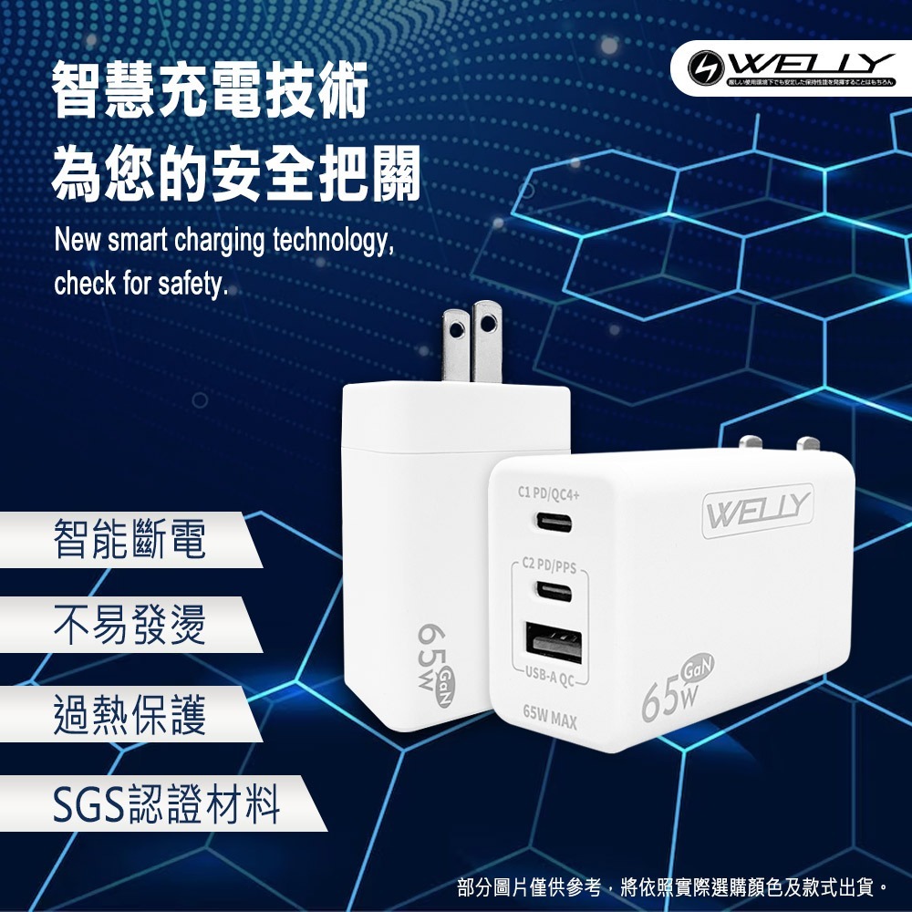 威力家 WELLY 65W氮化鎵GaN快充 PD+QC+PPS全兼容 USB-C/A三孔輸出 極速充電器-細節圖7