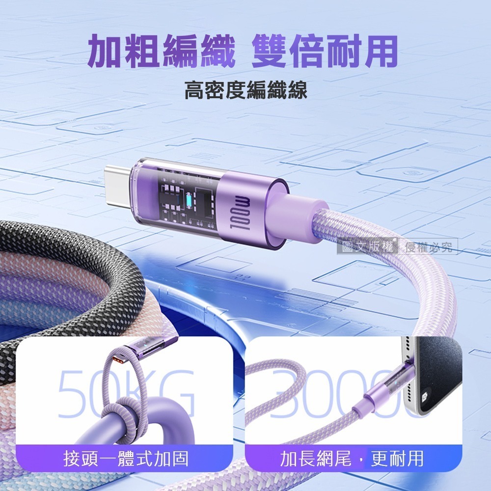 威力家 100W 極光芯系列 防過熱+耐拉快充線 Type-C to Type-C 傳輸充電線-細節圖8