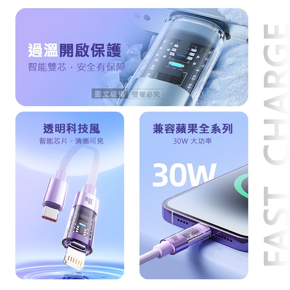 威力家 30W 極光芯系列 防過熱+耐拉快充線 Type-C to Lightning 傳輸充電線-細節圖2