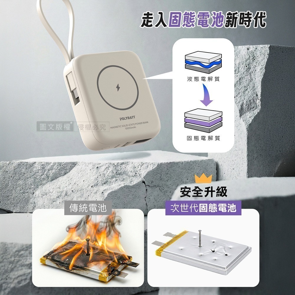 威力家 POLYBATT 安全新型SSB固態行動電源 10000mAh 無線磁吸/電量顯示/自帶雙線 台灣製造-細節圖4