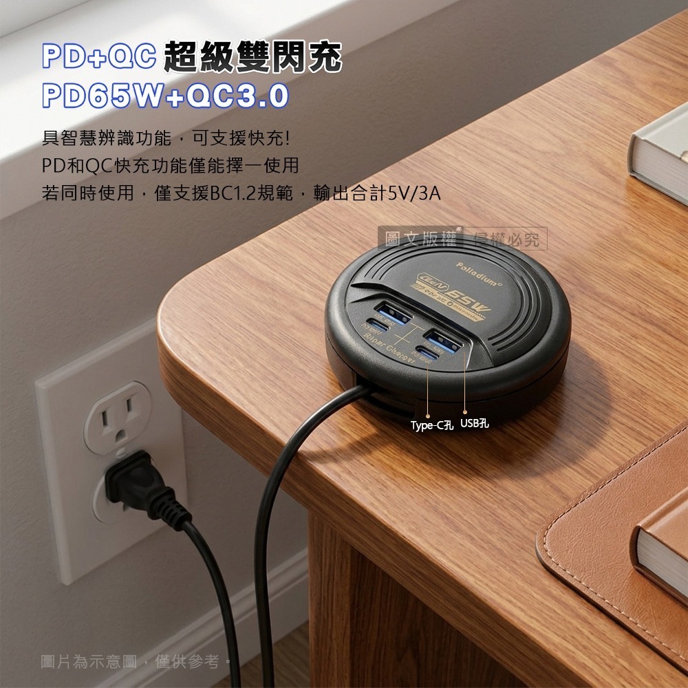 威力家 65W氮化鎵GaN高速閃充 四孔延長線充電器 PD+QC 轉盤收線(47cm)-細節圖2
