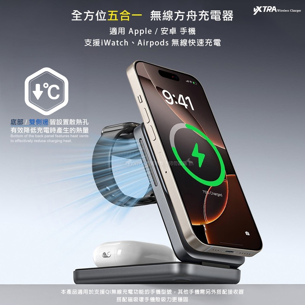 威力家VXTRA 15W無線方舟 Magsafe磁吸折疊充電座 充電器 iPhone/Watch/Airpods/氛圍燈-細節圖2