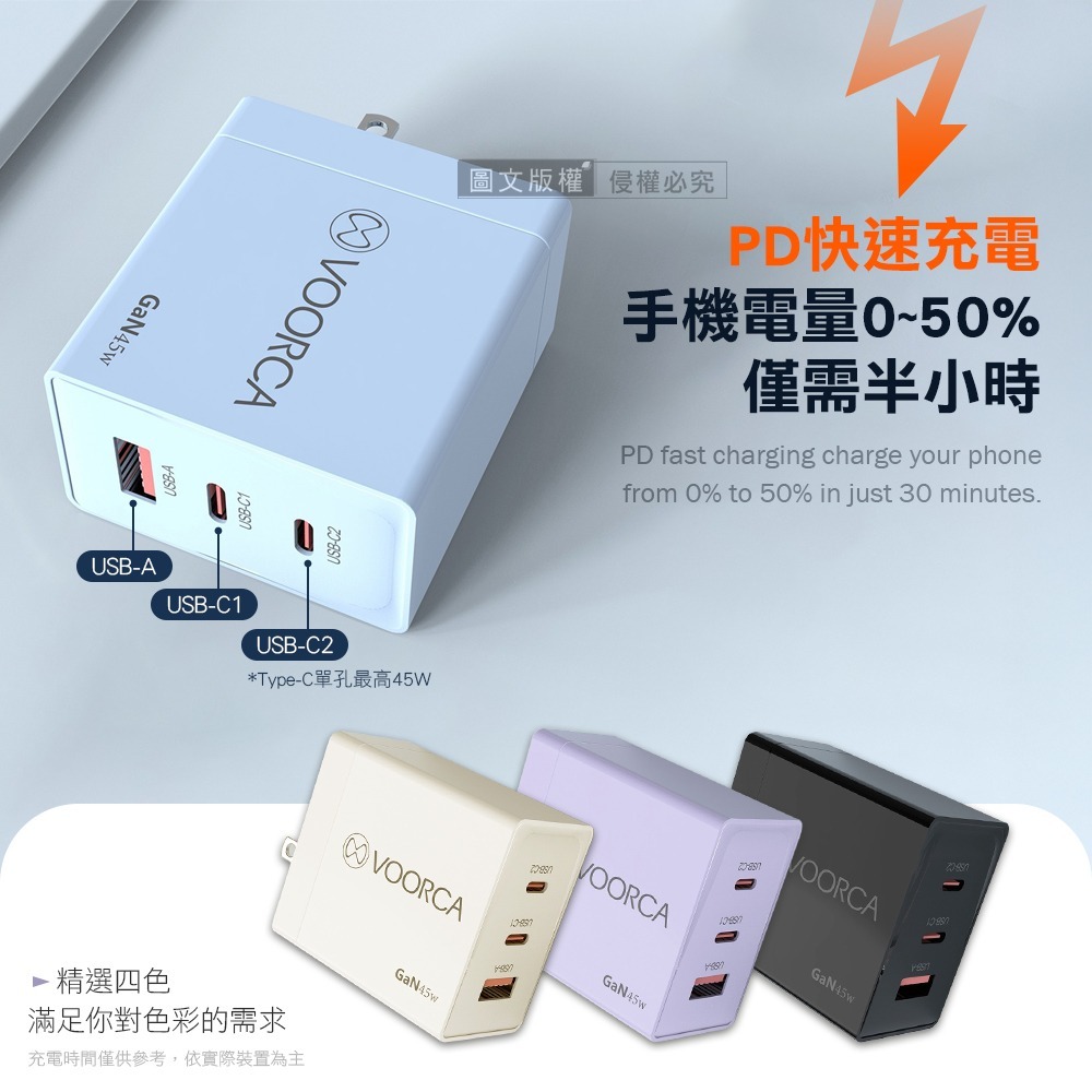 威力家 瞬電魔方 45W氮化鎵GaN充電器 三口輸出快充頭 PD+QC3.0 全球電壓-細節圖3