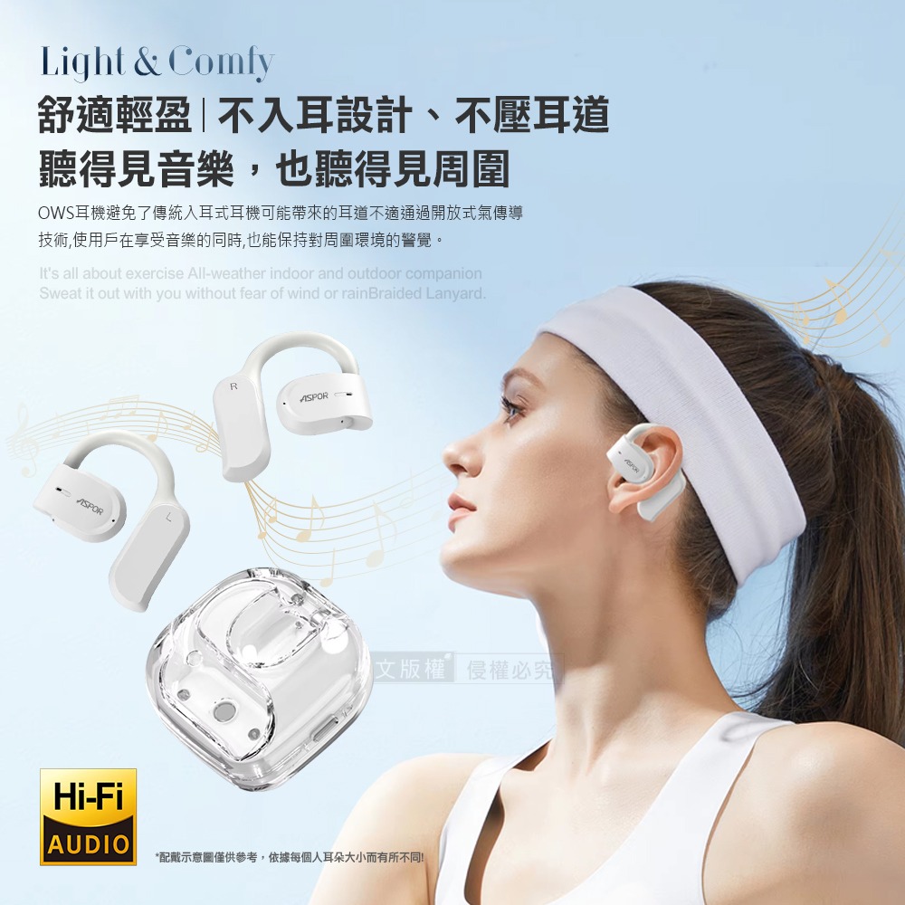 威力家 AirCloud 晶透耳掛式藍牙耳機 OWS開放式 Hi-Fi高音質 藍牙V5.3 自帶掛繩-細節圖3