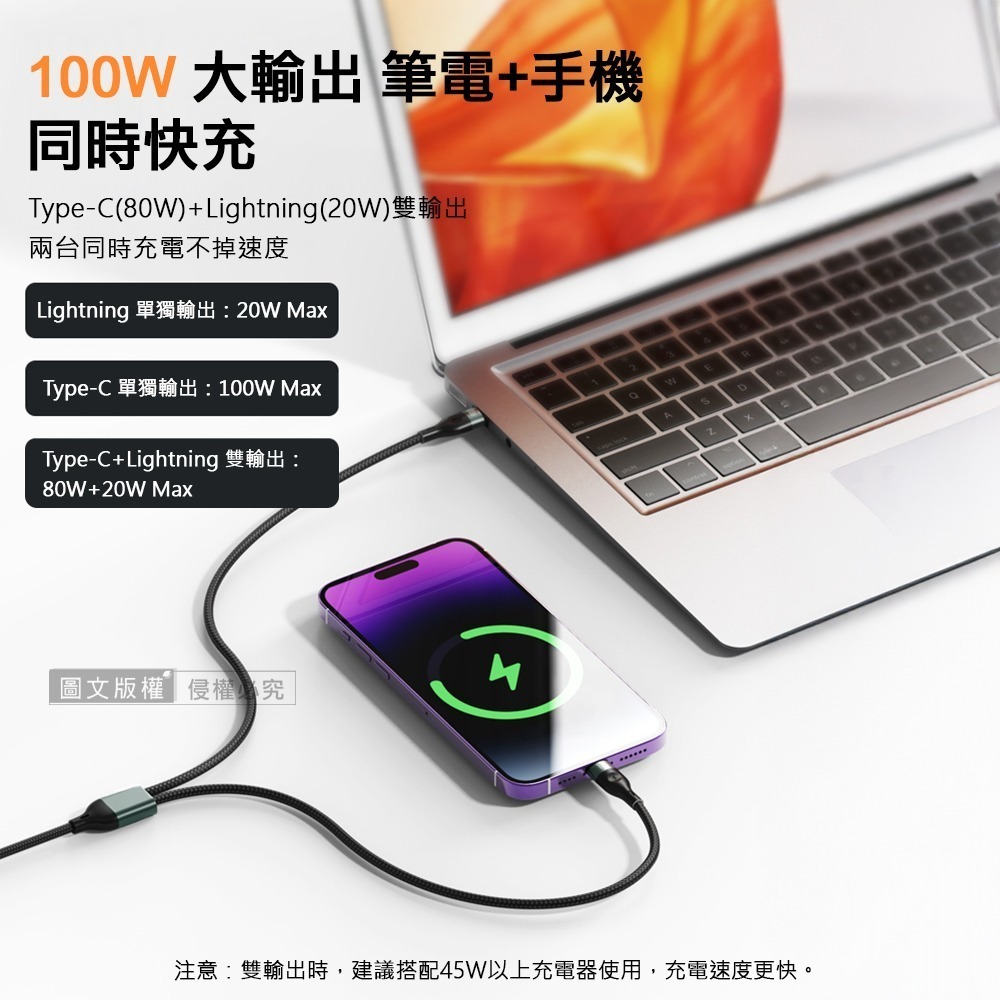 威力家 100W 一拖二超大功率快充線 Type-C to Type-C+Lightning 二合一編織充電線1.2M-細節圖2