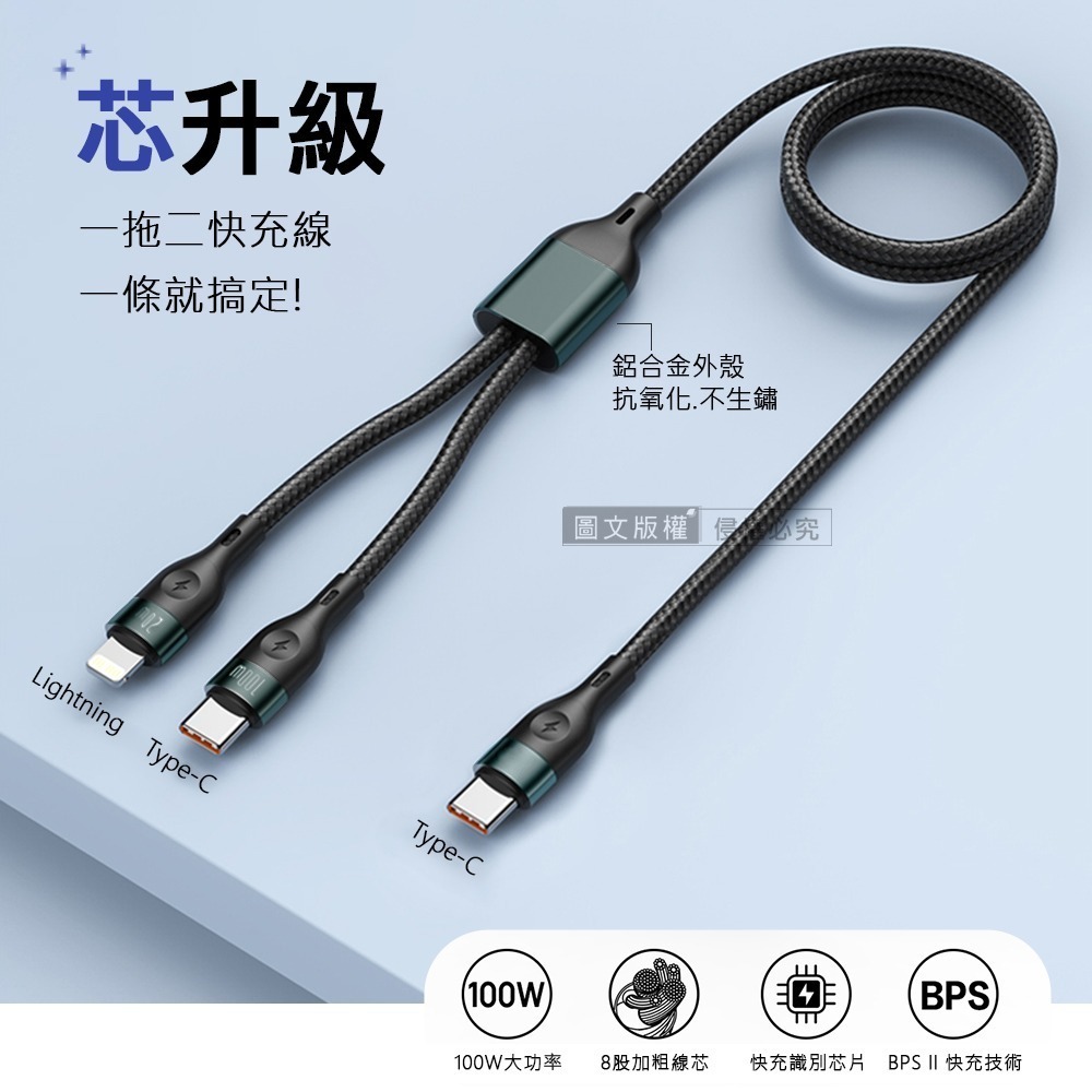 威力家 100W 一拖二超大功率快充線 Type-C to Type-C+Lightning 二合一編織充電線1.2M-細節圖4