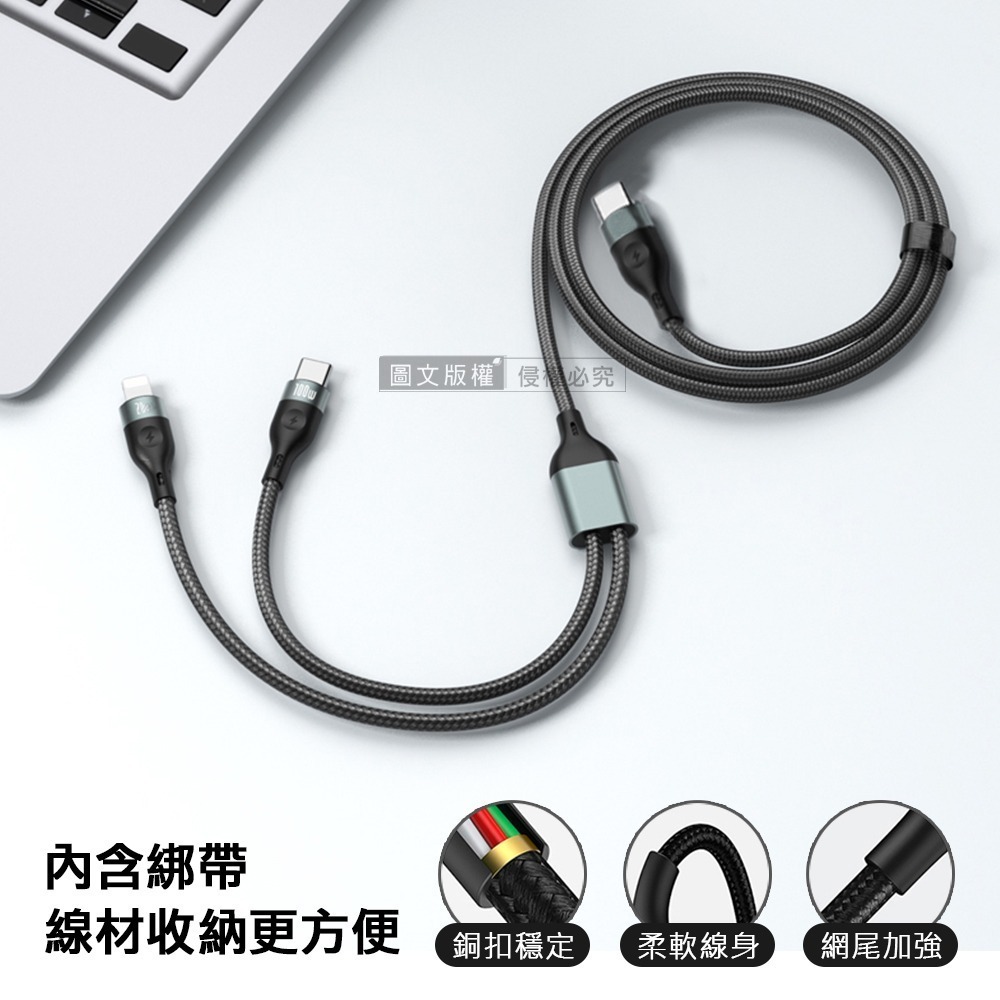 威力家 100W 一拖二超大功率快充線 Type-C to Type-C+Lightning 二合一編織充電線1.2M-細節圖7