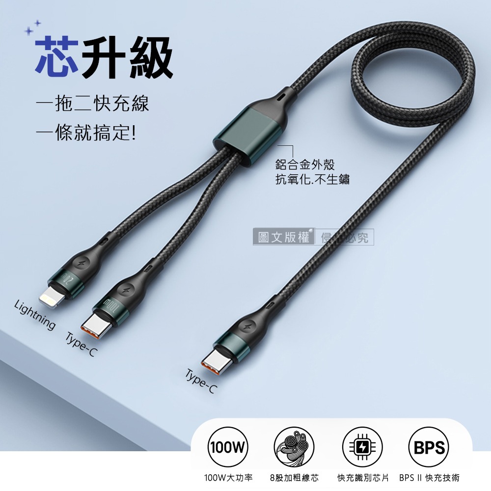 威力家 100W 一拖二超大功率快充線 Type-C to Type-C+Lightning 二合一編織充電線1.8M-細節圖4