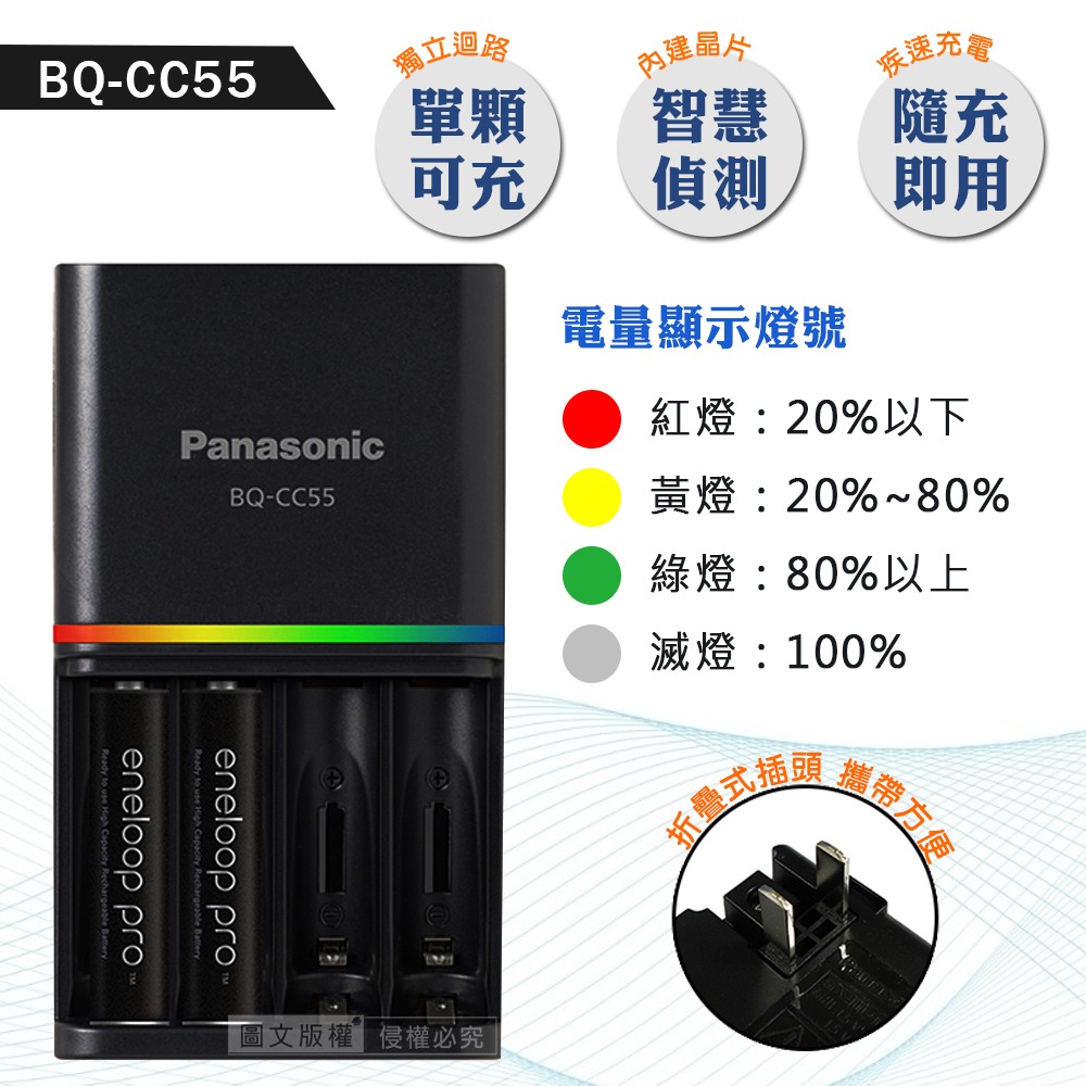 威力家【Panasonic 國際牌】BQ-CC55疾速智控4槽充電器+eneloop pro鎳氫充電電池 4號2顆套裝-細節圖2