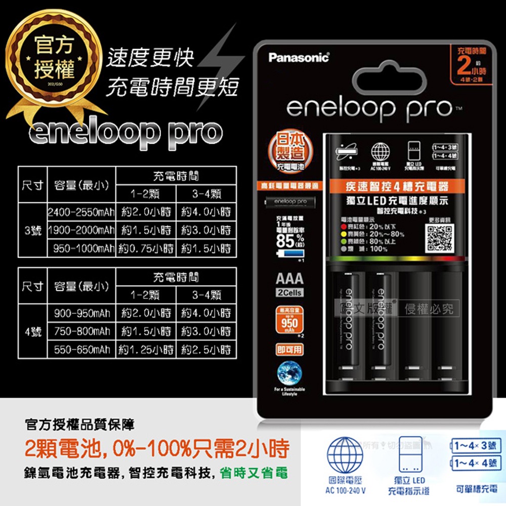 威力家【Panasonic 國際牌】BQ-CC55疾速智控4槽充電器+eneloop pro鎳氫充電電池 4號2顆套裝-細節圖3