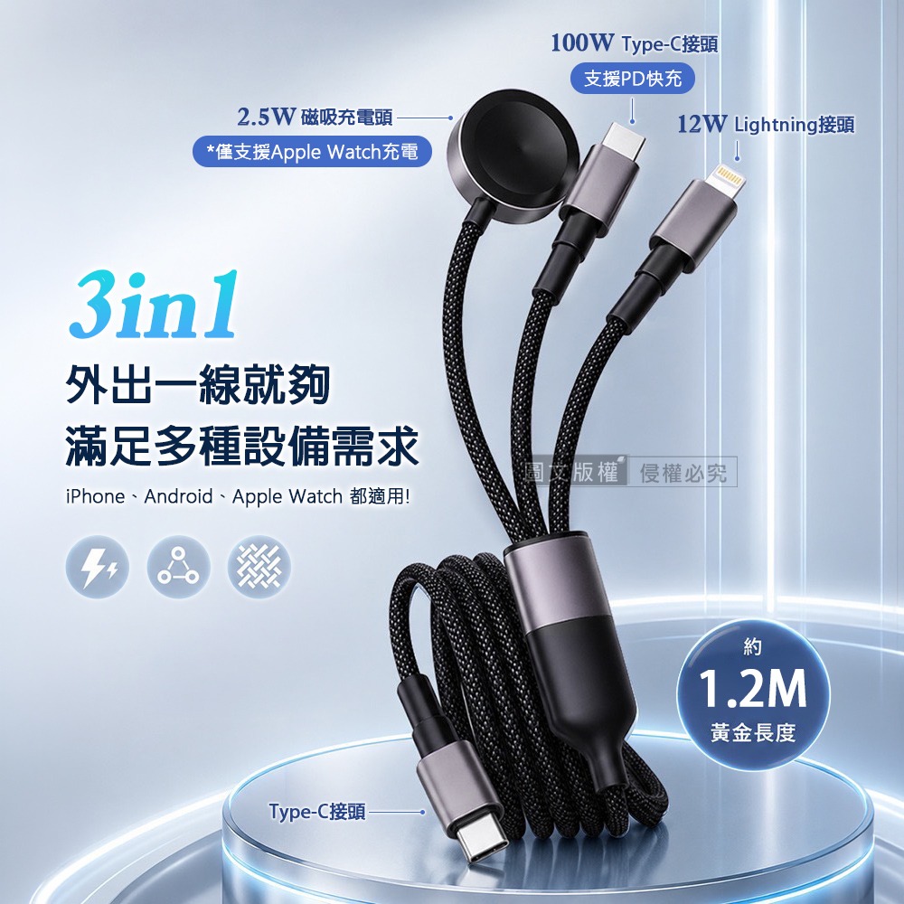 威力家 PD100W 3合1快充線 Type-C轉C+Lightning+Apple Watch 編織線 (1.2M)-細節圖2