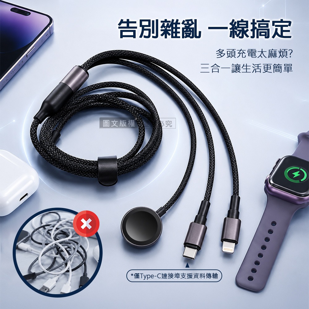 威力家 PD100W 3合1快充線 Type-C轉C+Lightning+Apple Watch 編織線 (1.2M)-細節圖3
