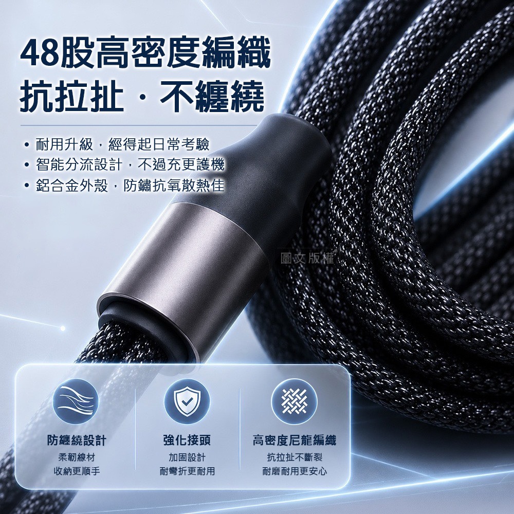 威力家 PD100W 3合1快充線 Type-C轉C+Lightning+Apple Watch 編織線 (1.2M)-細節圖6