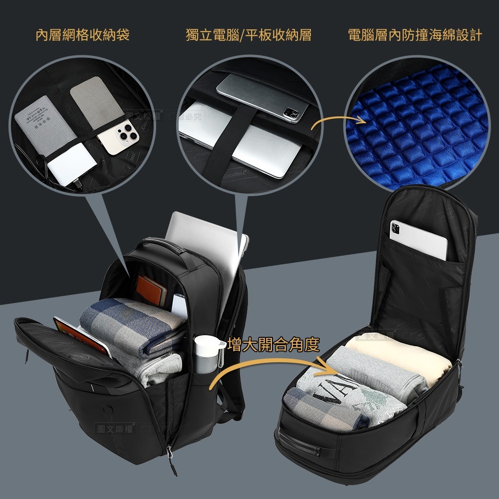 威力家 王者風範 15.6吋 極簡線條筆電後背包 33L旅用商務包 防潑水/透氣背墊/多分層收納/外接充電口-細節圖5