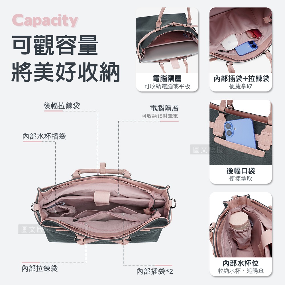 威力家 英倫撞色 15吋女士電腦包 復古皮革扣 多功能大容量 三用款 手提/單繩肩背/雙繩後背-細節圖6