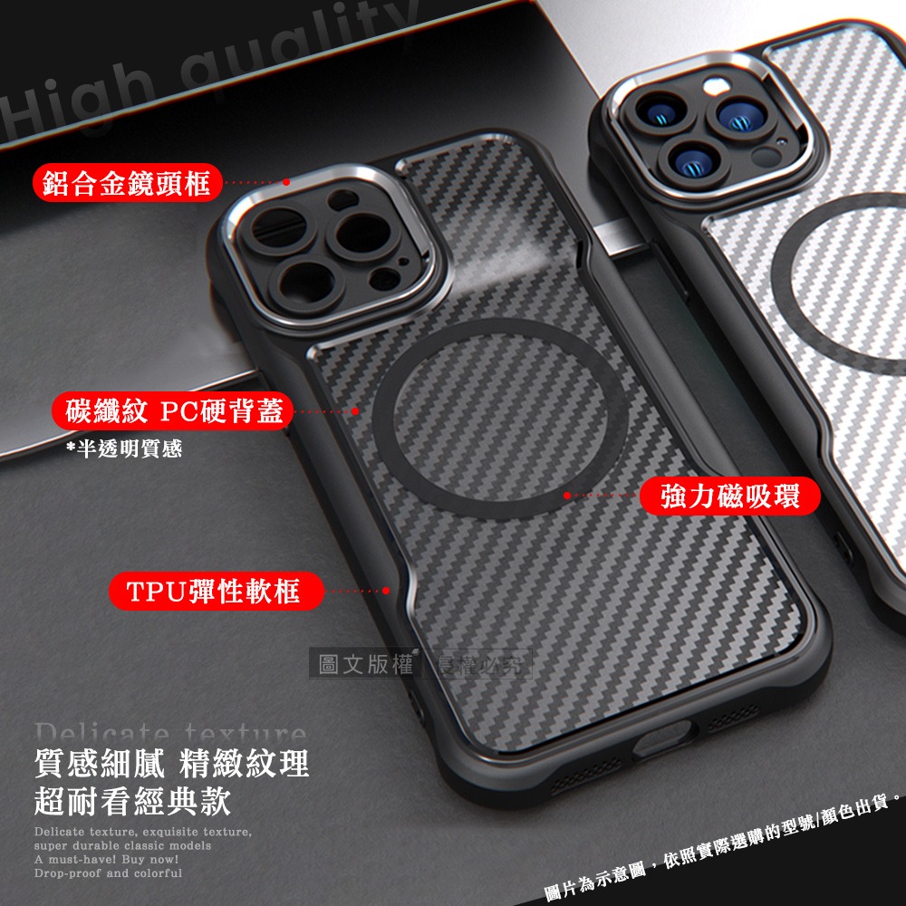 威力家 領先Pro iPhone 18 Pro Max 鋁合金鏡頭框 碳纖紋磁吸防摔殼 手機殼 藍關0-細節圖3