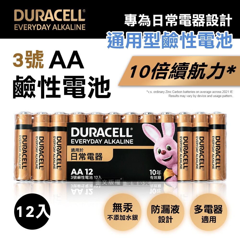 威力家 金頂 Duracell 日常通用型鹼性電池 3號AA 長效10年保存 防漏液設計 無汞(12顆入)