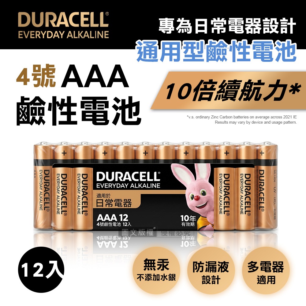 威力家 金頂 Duracell 日常通用型鹼性電池 4號AAA 長效10年保存 防漏液設計 無汞(12顆入)