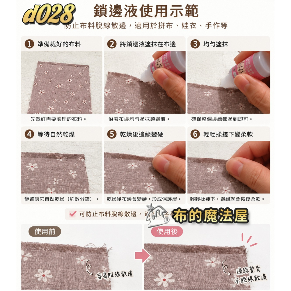 【布的魔法屋】d028-鎖邊液 止鬚劑 防綻液(拼布材料 修補膠水 適用 娃衣.拷克.布料.刺繡.緞帶.毛線.羊毛氈-細節圖2