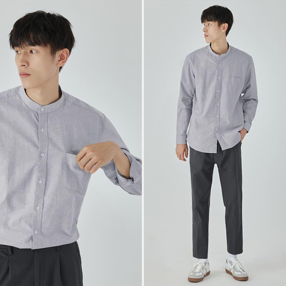 【快速出貨】現貨 立領襯衫 素面襯衫 長袖襯衫 牛津布 男 中山領 襯衫 口袋 上班襯衫 日系襯衫-細節圖3